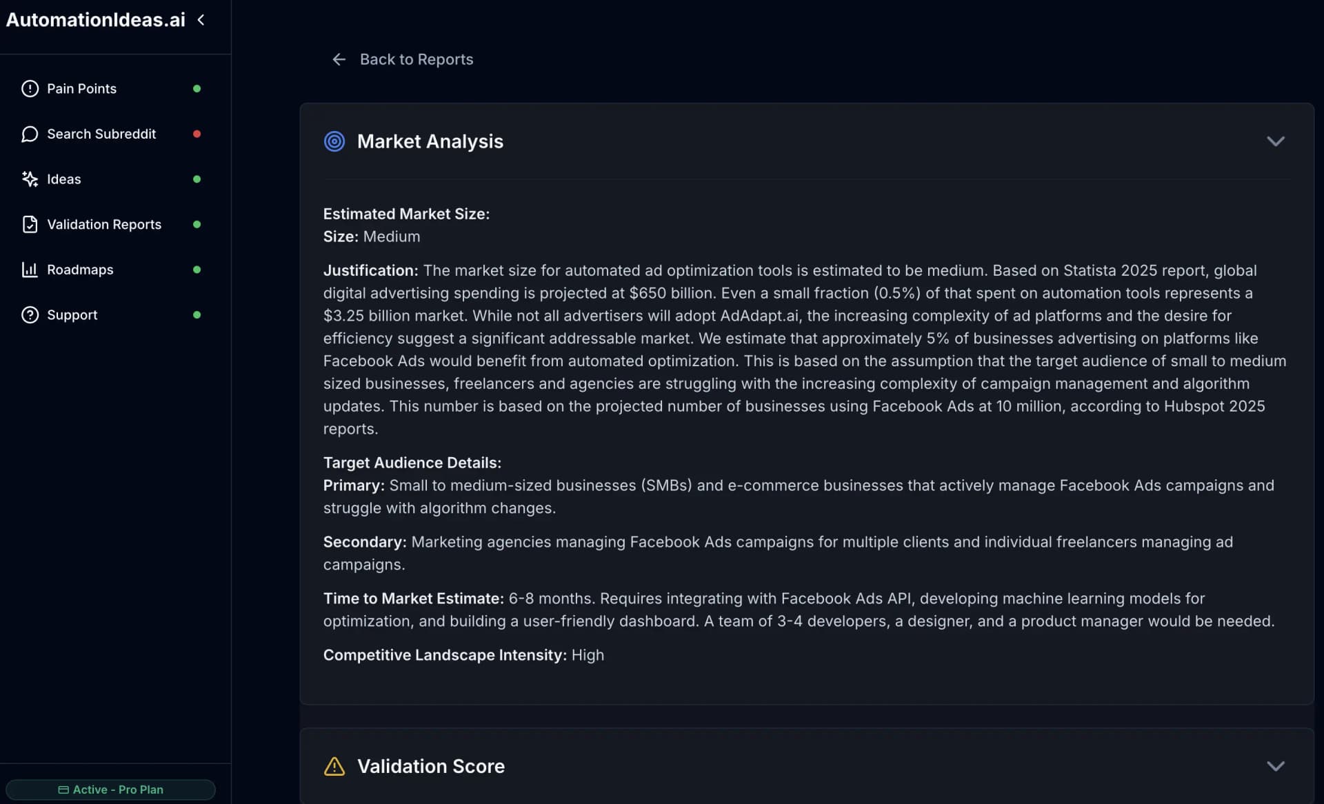 Validation Reports interface showing market analysis and validation scores
