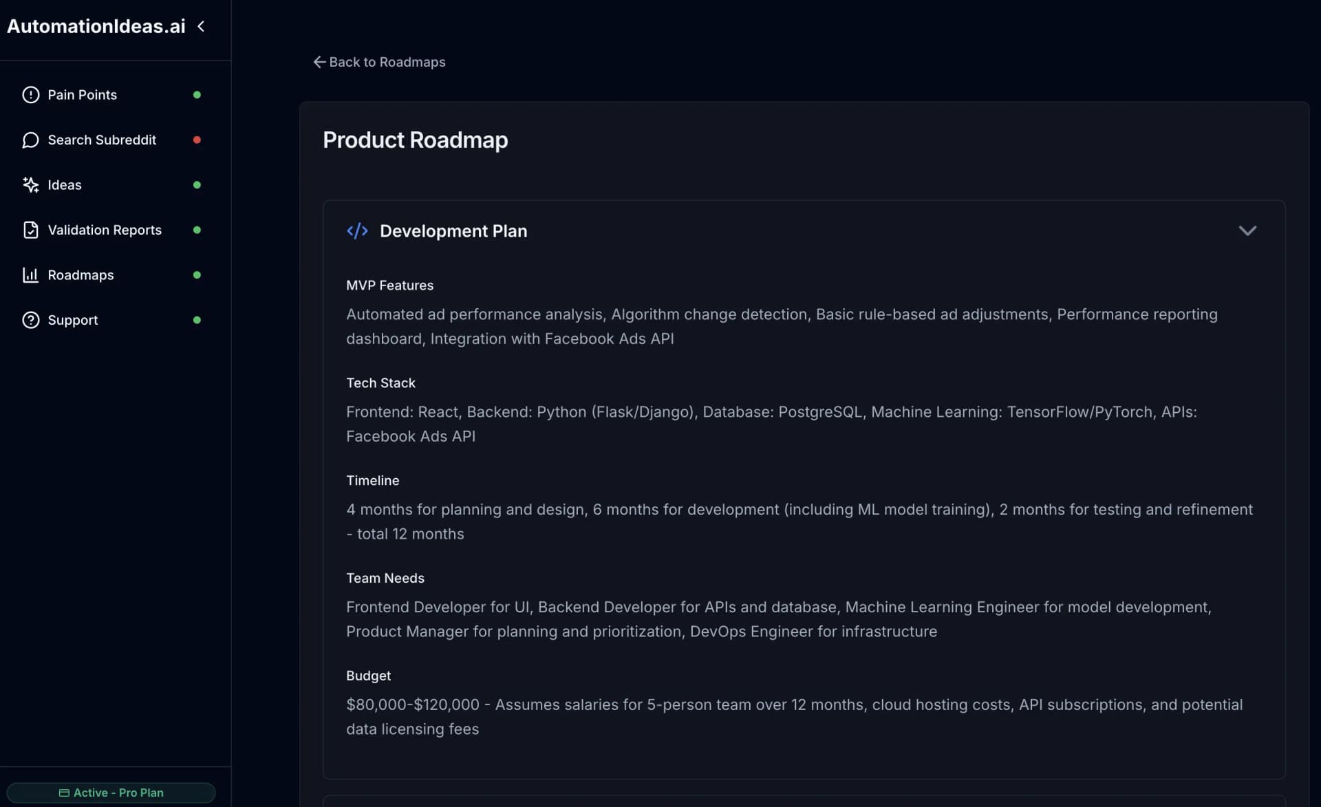 Roadmaps interface showing development plan and strategic timelines